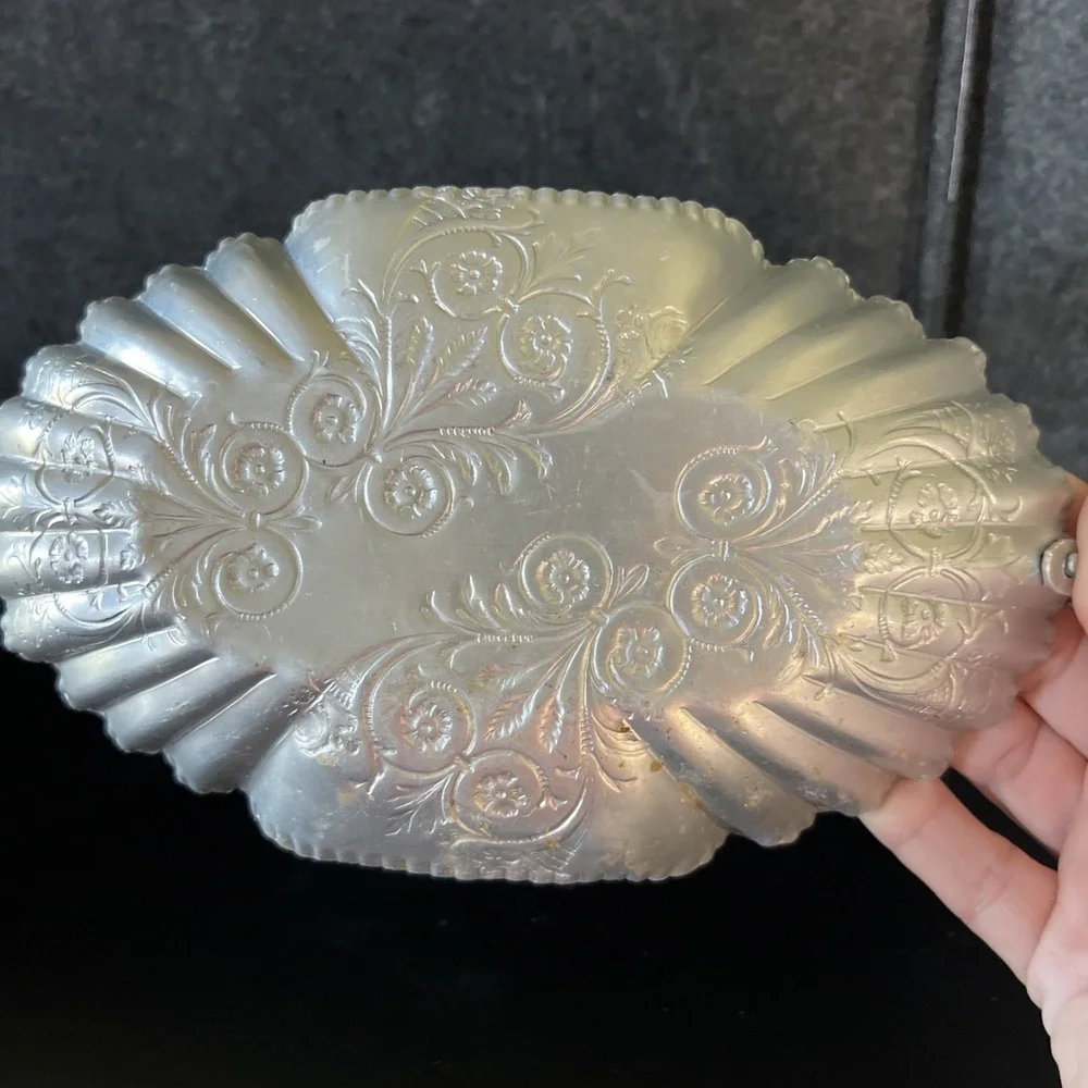 Vintage Aluminum Candy Dish/Basket with Handle and Floral Motif‎